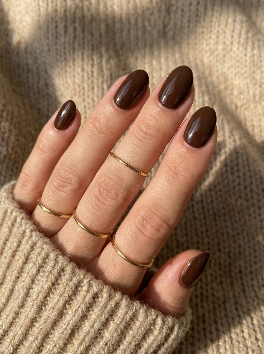 Glänzende Chocolate Brown Fall Nails in warmem Braun